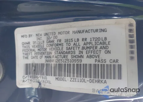 2001 Toyota Corolla Ce/Le/S from USA, damaged, VIN 1NXBR12E51Z510959
